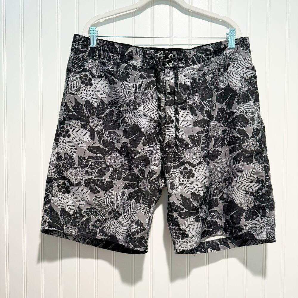 Lands End Black Gray Printed Swim Trunks Liner Mens Large